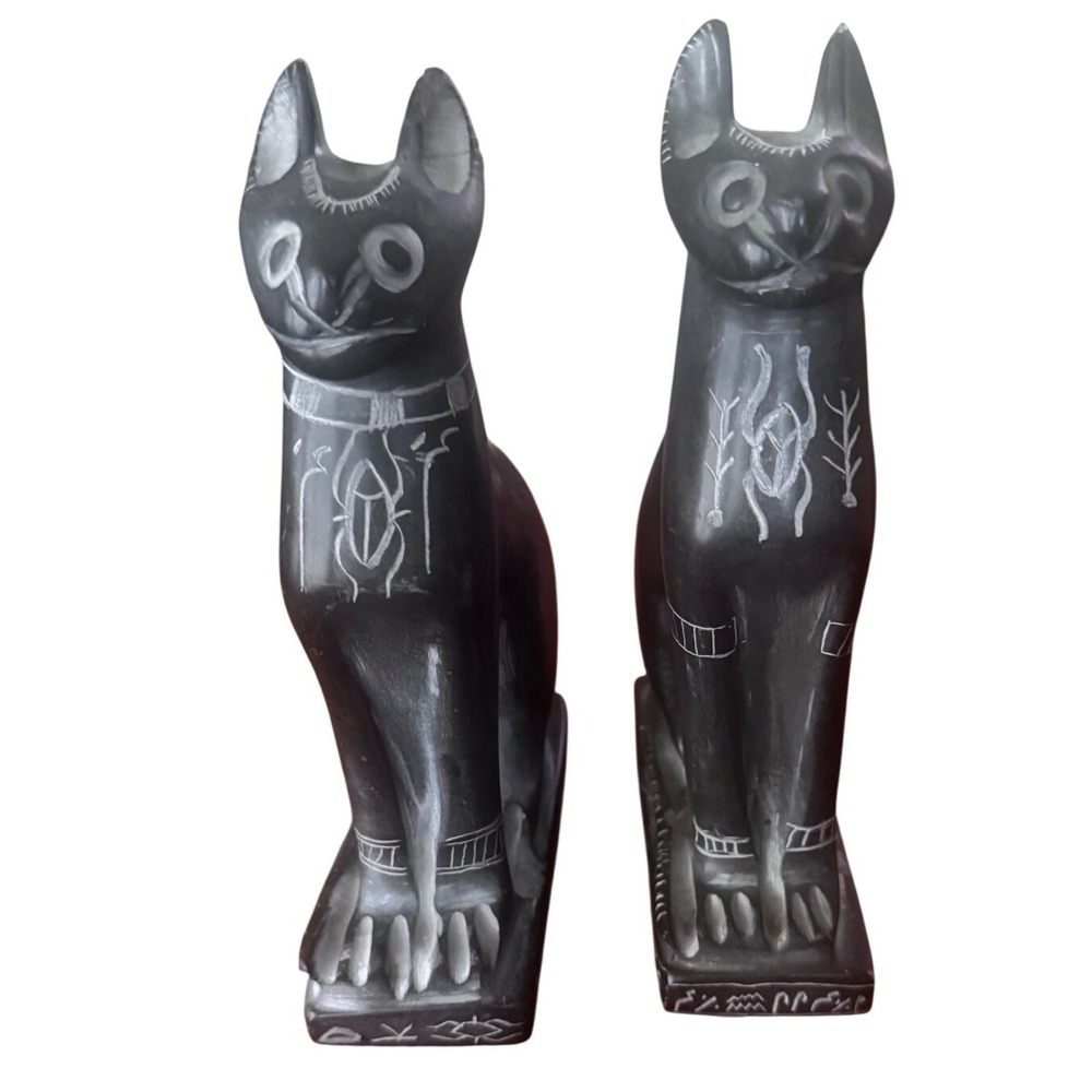 Vintage Hand Carved Stone Egyptian Bastet Cat Figurines Set of 2 Black White